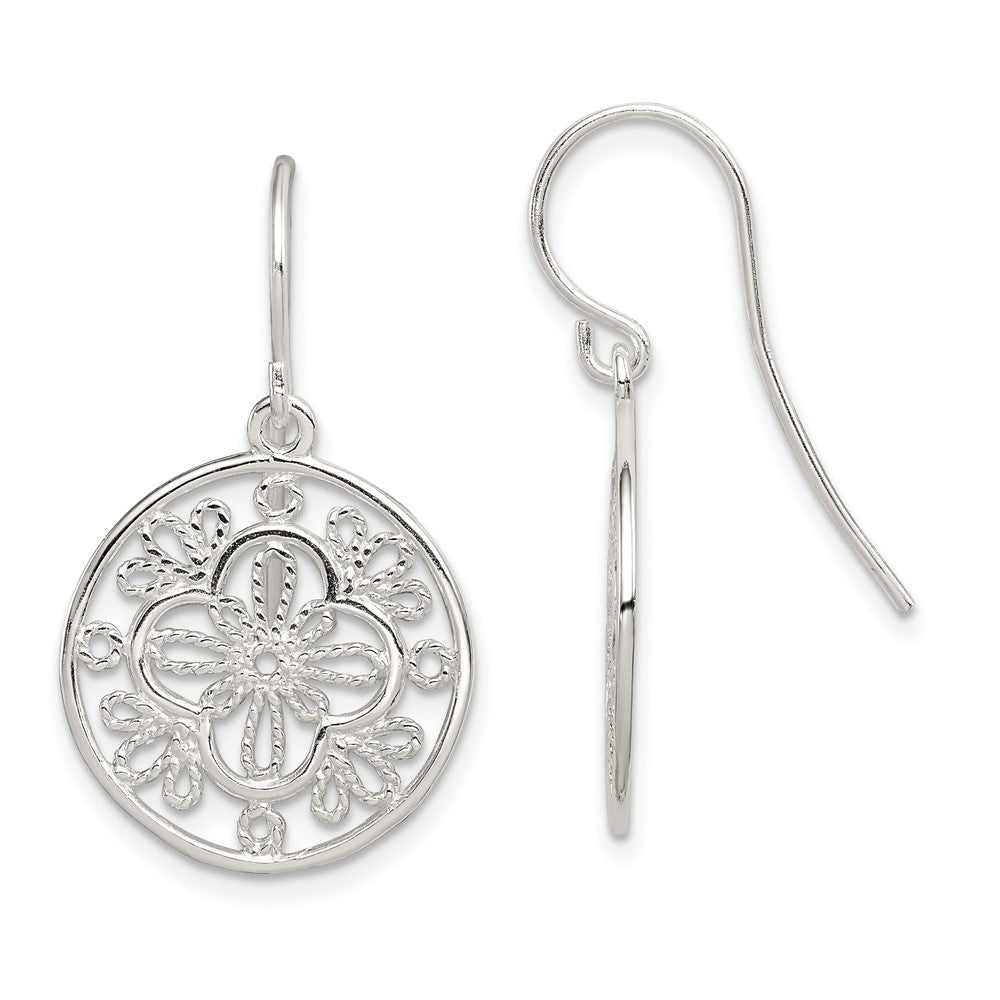 QE12095 Sterling Silver Polished & Textured Filigree Circle Dangle Earrings