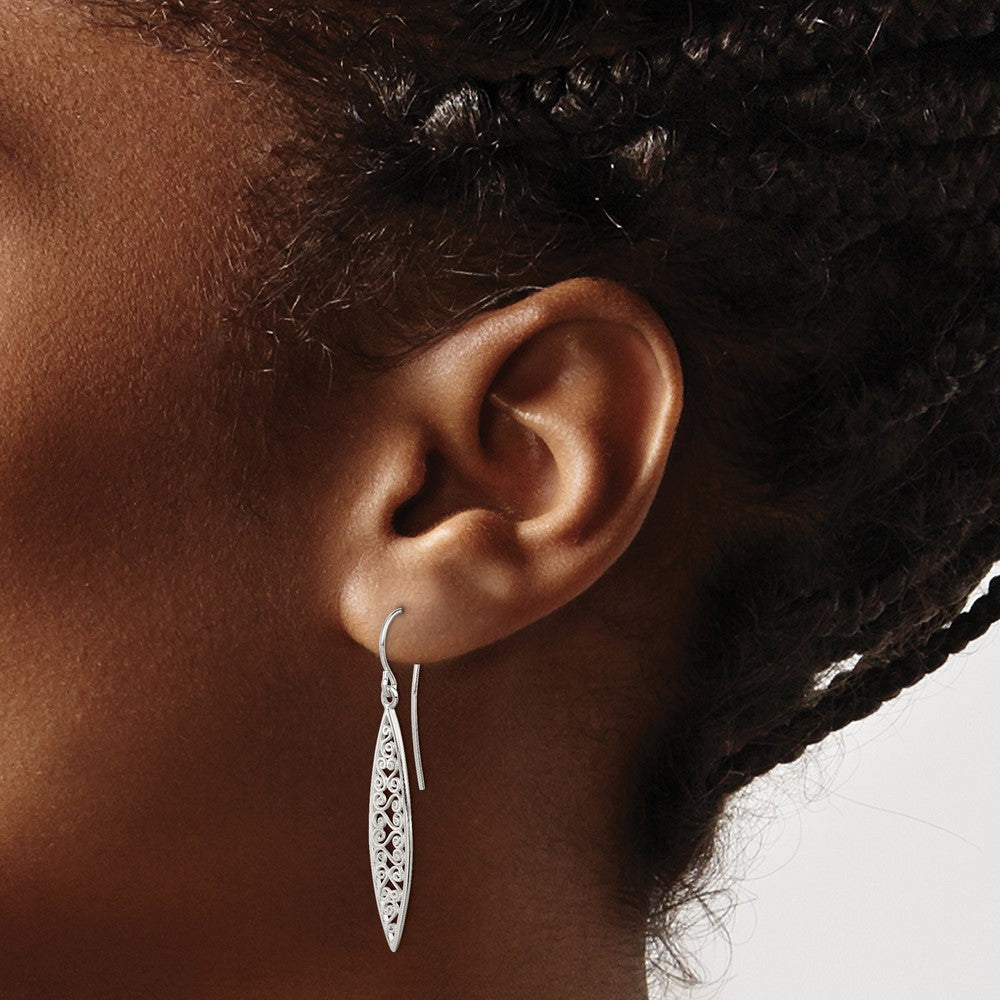 QE12099 Sterling Silver Polished Filigree Marquise Shaped Dangle Earrings