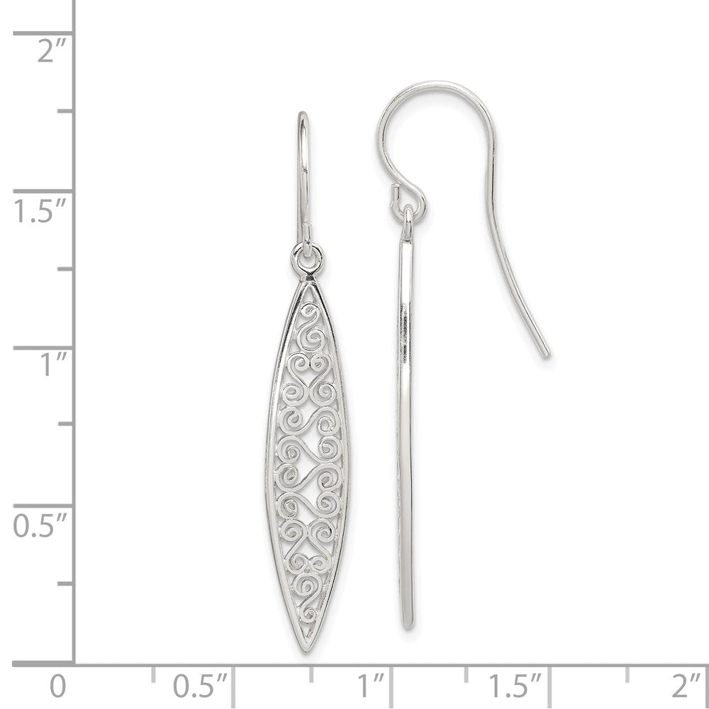 QE12099 Sterling Silver Polished Filigree Marquise Shaped Dangle Earrings