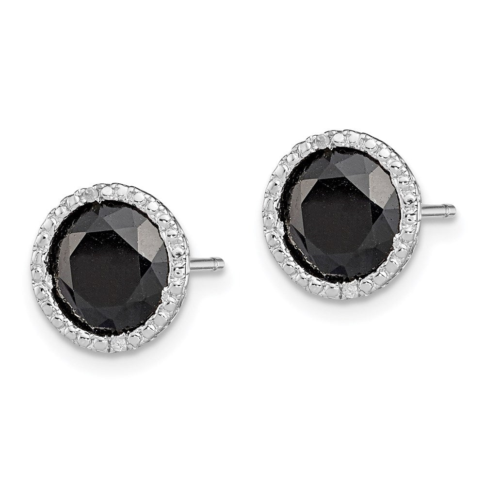 QE12152 Sterling Silver Rhodium-plated Black Sapphire & Diamond Post Earrings
