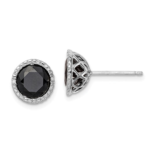 QE12152 Sterling Silver Rhodium-plated Black Sapphire & Diamond Post Earrings