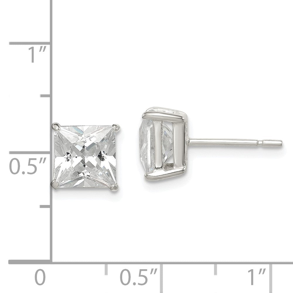 QE12175 Sterling Silver Polished 7mm Princess CZ Stud Earrings