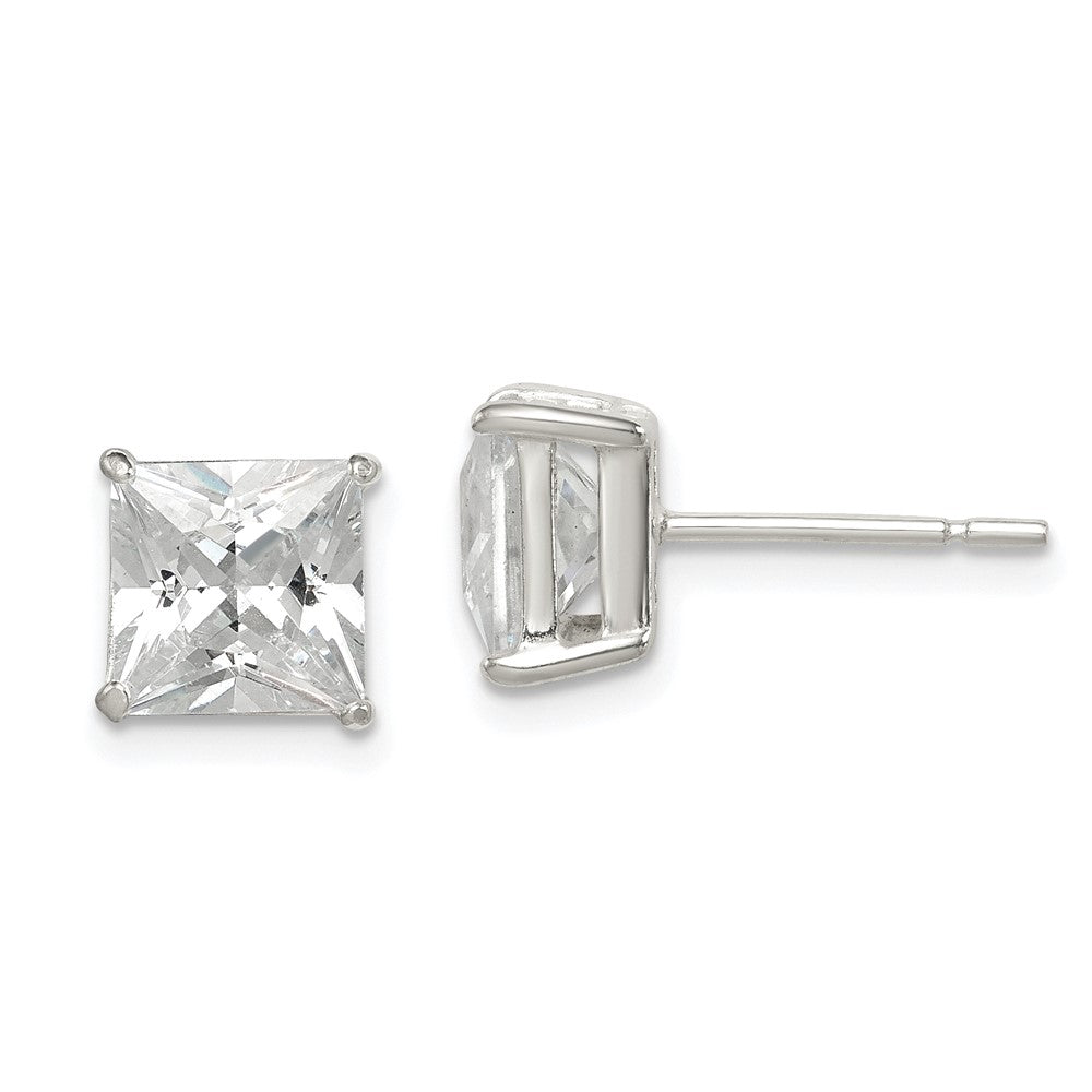 QE12175 Sterling Silver Polished 7mm Princess CZ Stud Earrings