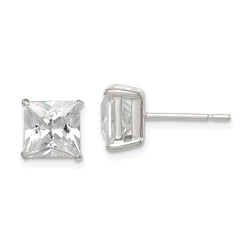 QE12175 Sterling Silver Polished 7mm Princess CZ Stud Earrings