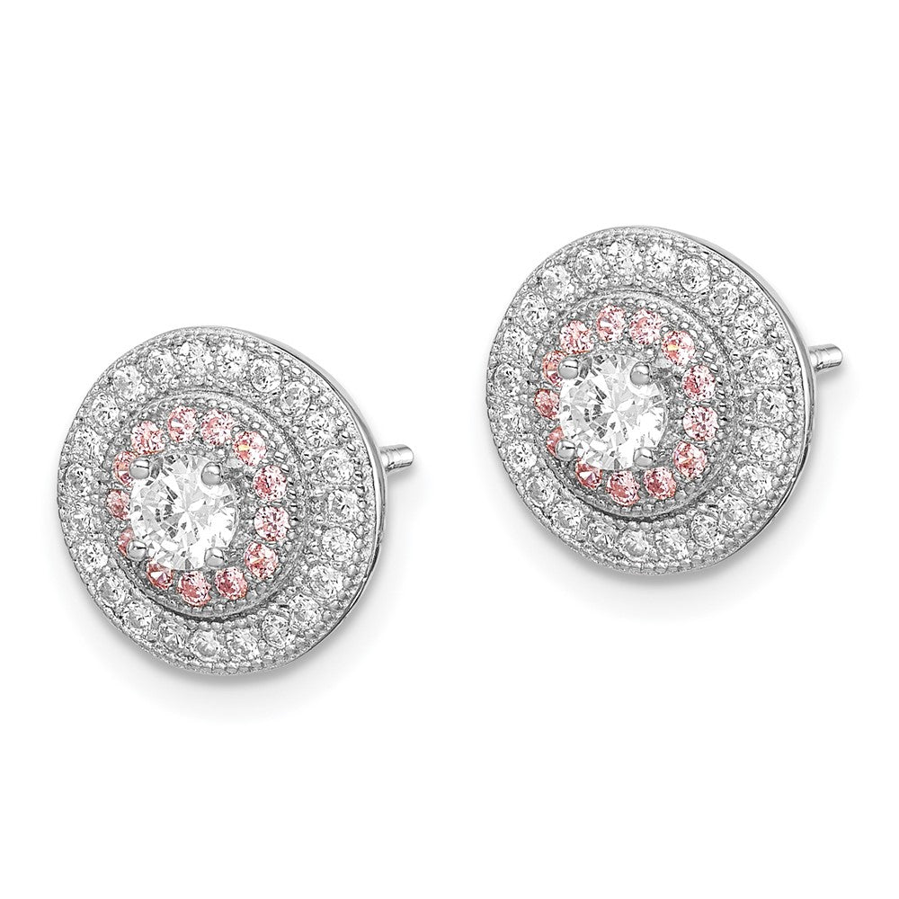 QE12188 Sterling Silver Rhodium & Rose Gold-plated Pav������ CZ Circle Post Earrings