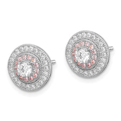 QE12188 Sterling Silver Rhodium & Rose Gold-plated Pav������ CZ Circle Post Earrings