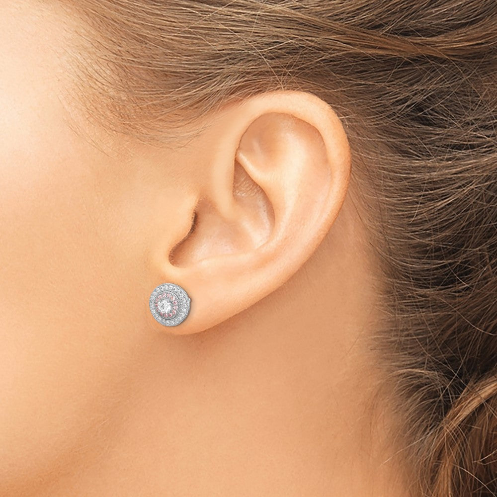 QE12188 Sterling Silver Rhodium & Rose Gold-plated Pav������ CZ Circle Post Earrings
