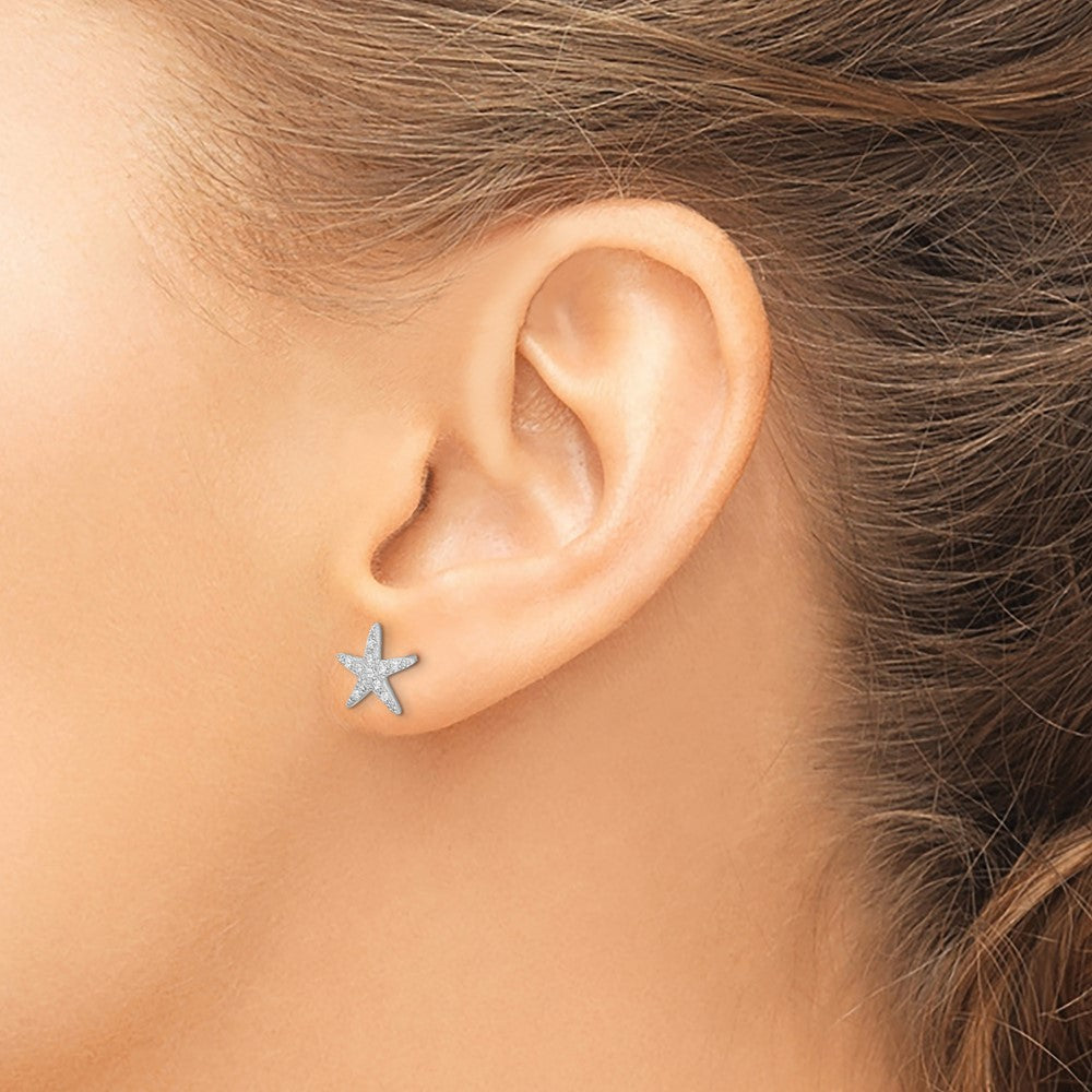 QE12214 Sterling Silver Rhodium-plated CZ Micro pav������ Starfish Post Earrings