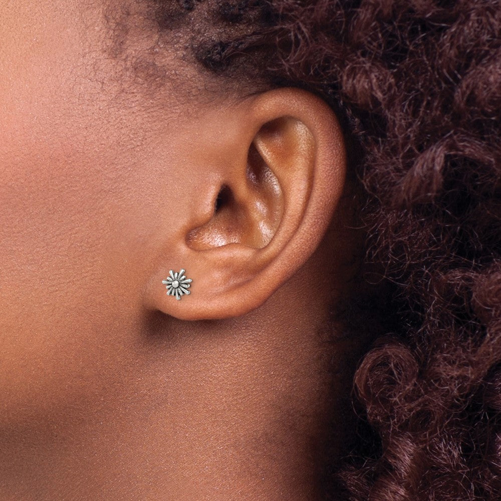 QE12225 Sterling Silver Polished and Antiqued Flower Post Earrings