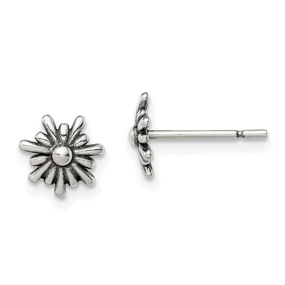 QE12225 Sterling Silver Polished and Antiqued Flower Post Earrings