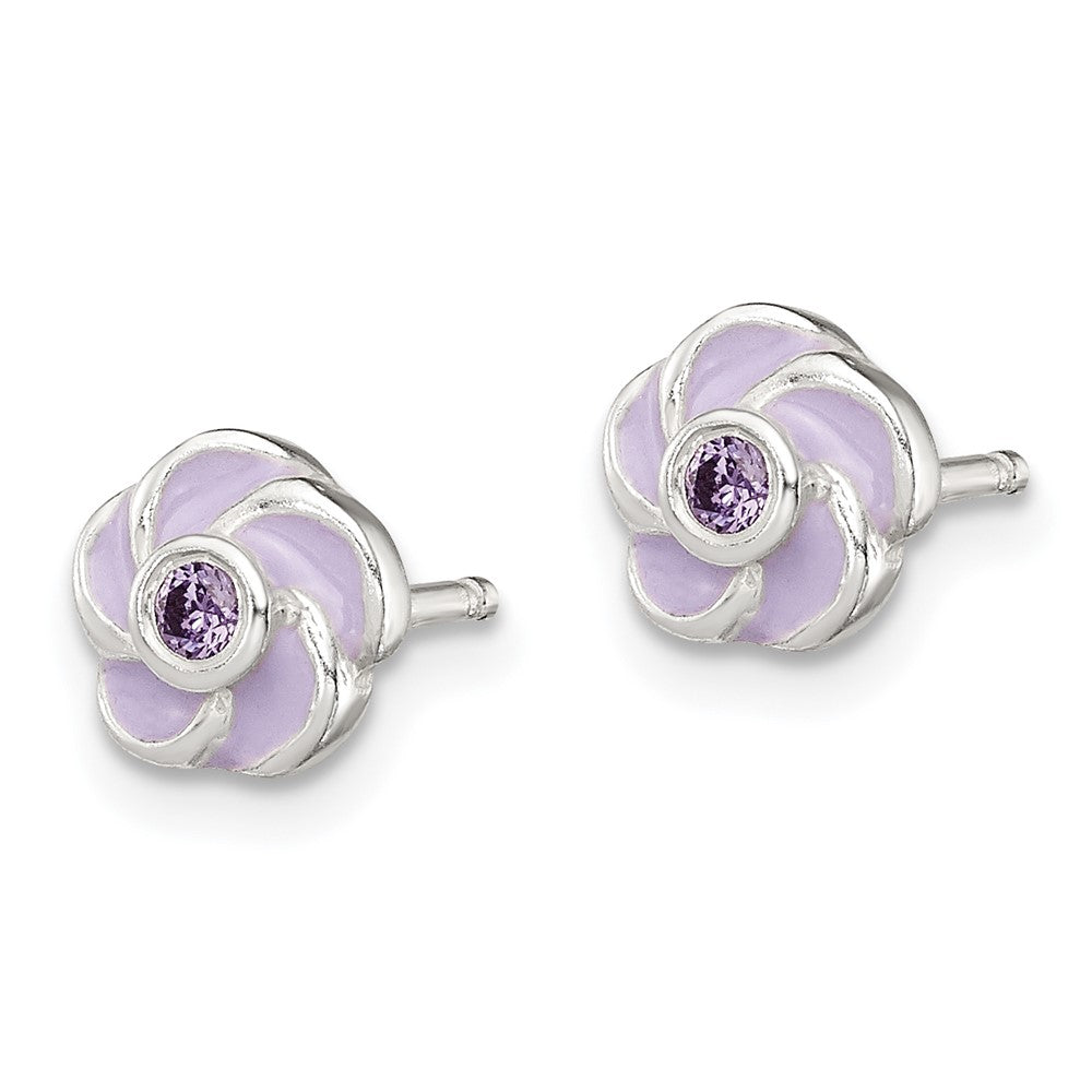 QE12236 Sterling Silver Polished Purple CZ Enamel Flower Post Earrings