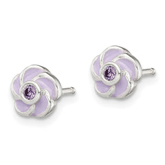 QE12236 Sterling Silver Polished Purple CZ Enamel Flower Post Earrings