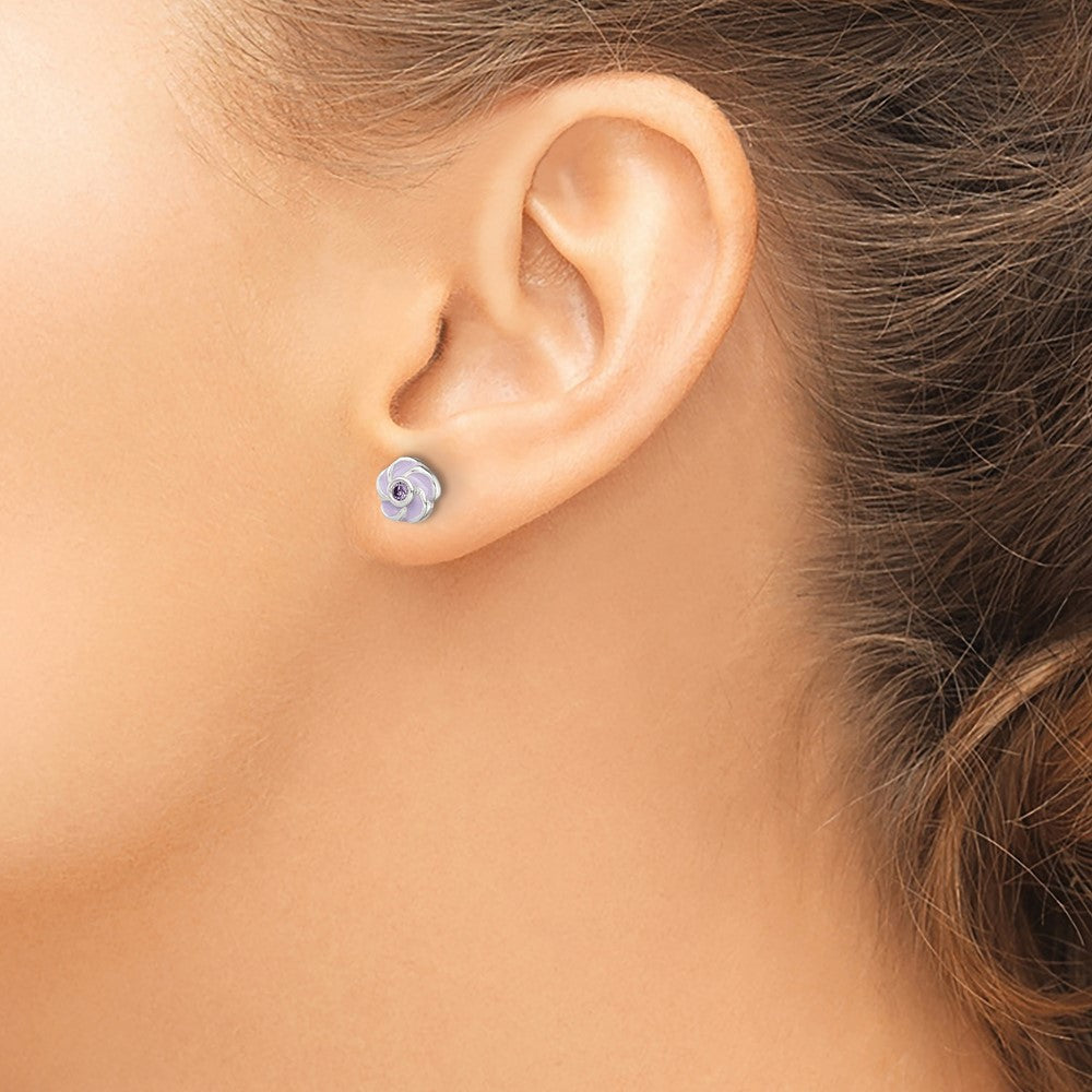 QE12236 Sterling Silver Polished Purple CZ Enamel Flower Post Earrings