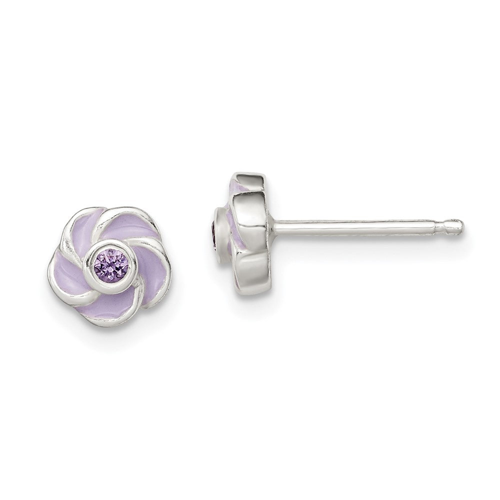 QE12236 Sterling Silver Polished Purple CZ Enamel Flower Post Earrings