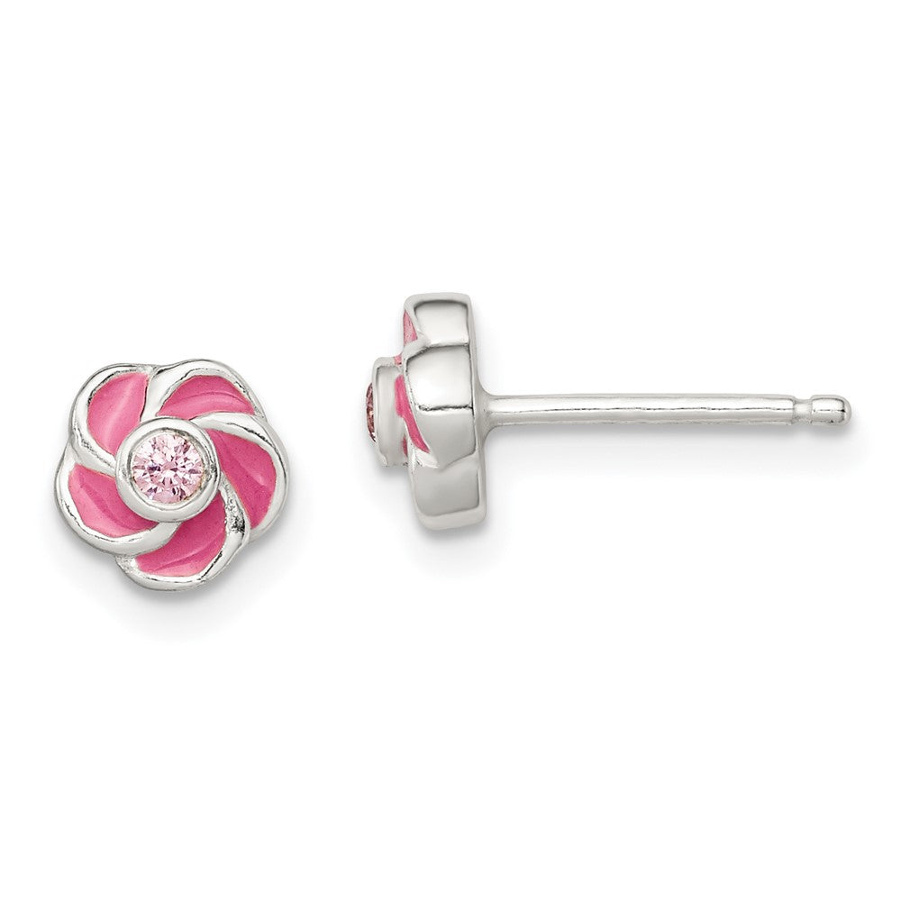 QE12237 Sterling Silver Polished Enamel Flower CZ Post Earrings