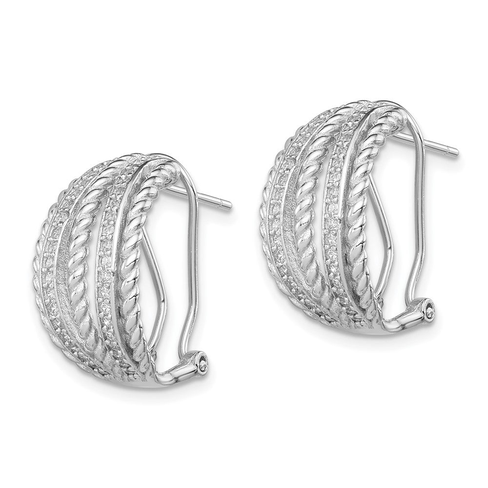 QE12267 Sterling Silver RH-plated Polished Rope CZ Omega Back C-Hoop Earrings