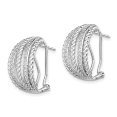 QE12267 Sterling Silver RH-plated Polished Rope CZ Omega Back C-Hoop Earrings