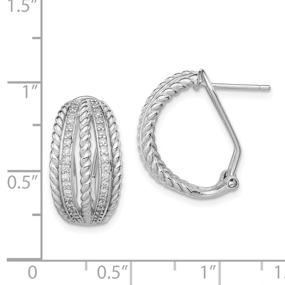 QE12267 Sterling Silver RH-plated Polished Rope CZ Omega Back C-Hoop Earrings