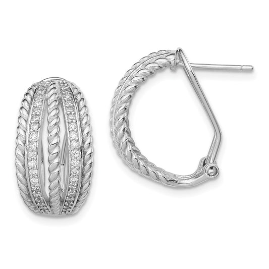 QE12267 Sterling Silver RH-plated Polished Rope CZ Omega Back C-Hoop Earrings