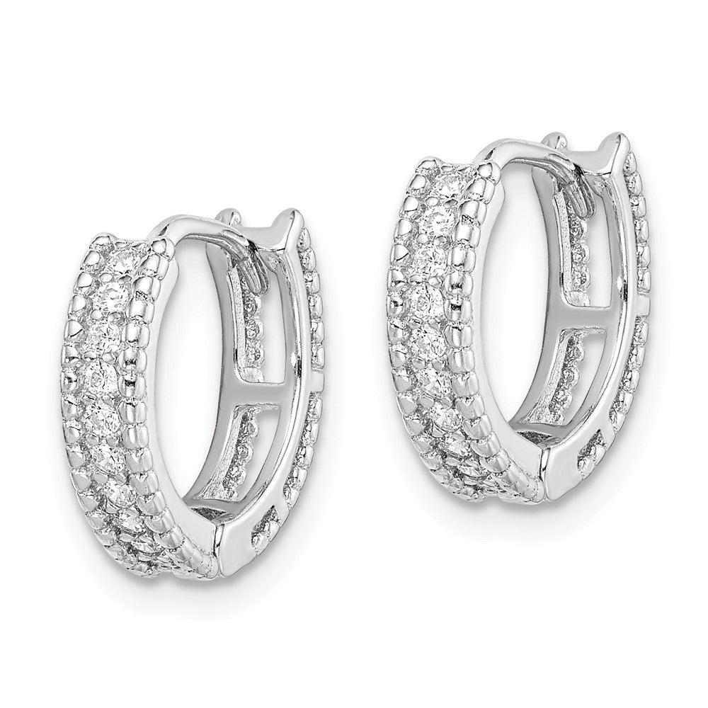 QE12268 Sterling Silver Rhodium-plated Polished CZ Hinged Hoop Earrings