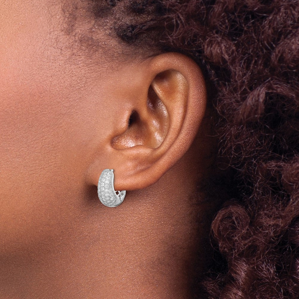 QE12276 Sterling Silver Rhodium-plated CZ Hinged Hoop Earrings