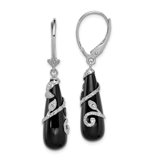 QE12336 Sterling Silver Rhodium-plated Polished & Diamond-cut Vine Wrapped Onyx Teardrop Dangle Leverback Earrings