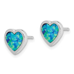 QE12348 Sterling Silver Rhodium-plated 9mm Blue Created Opal Heart Post Earrings