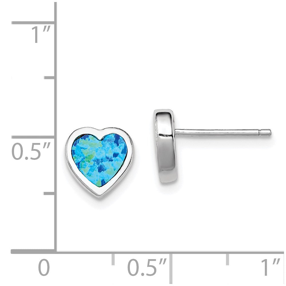 QE12348 Sterling Silver Rhodium-plated 9mm Blue Created Opal Heart Post Earrings
