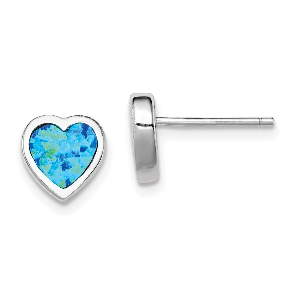 QE12348 Sterling Silver Rhodium-plated 9mm Blue Created Opal Heart Post Earrings
