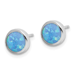 QE12349 Sterling Silver RH-plated Polished Blue Created Opal Round Stud Earrings