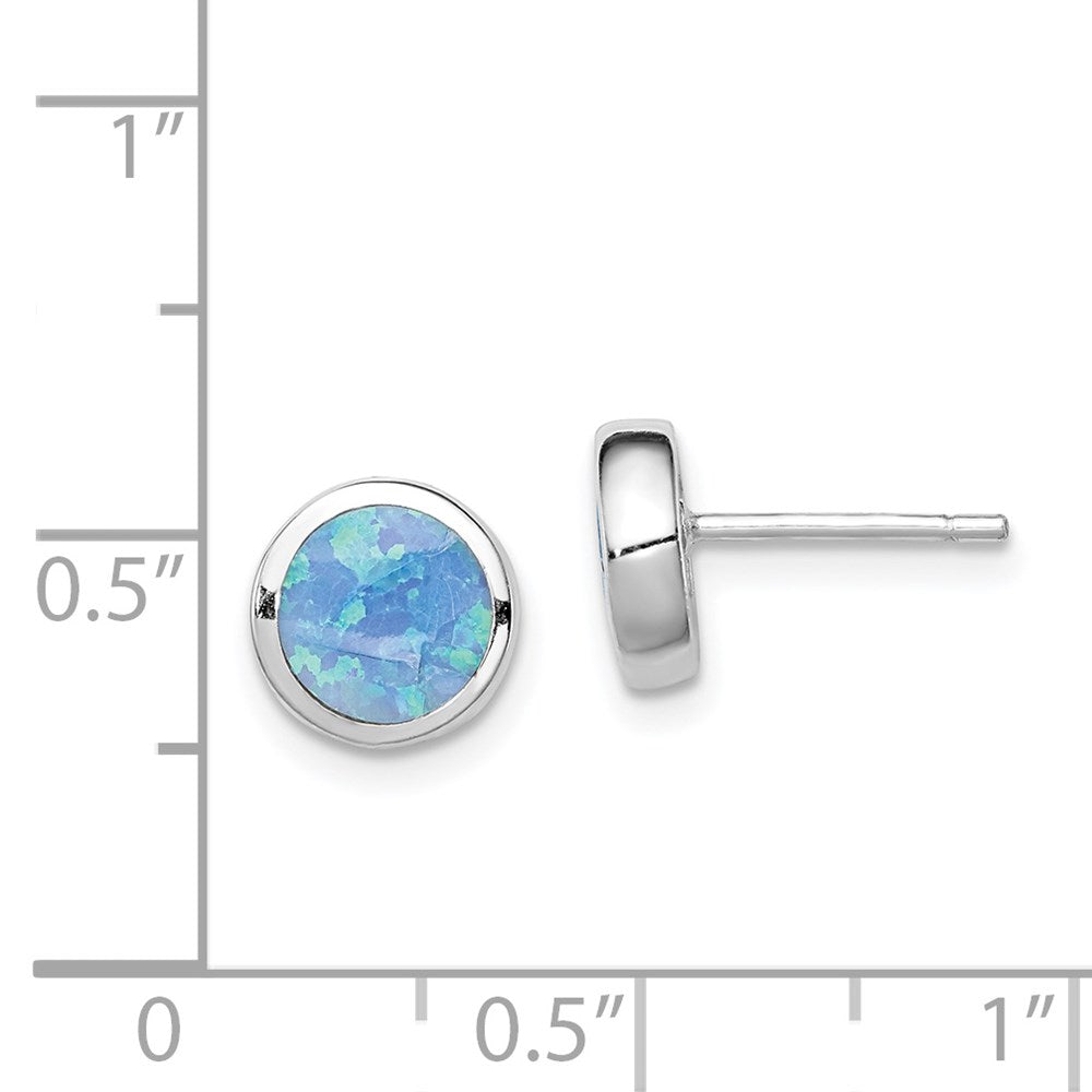 QE12349 Sterling Silver RH-plated Polished Blue Created Opal Round Stud Earrings