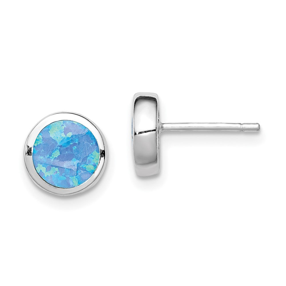 QE12349 Sterling Silver RH-plated Polished Blue Created Opal Round Stud Earrings
