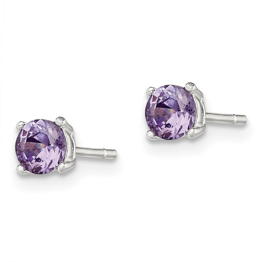 QE12361 Sterling Silver Polished Round 4mm Purple CZ Stud Earrings
