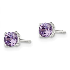 QE12361 Sterling Silver Polished Round 4mm Purple CZ Stud Earrings