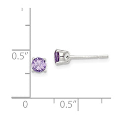 QE12361 Sterling Silver Polished Round 4mm Purple CZ Stud Earrings