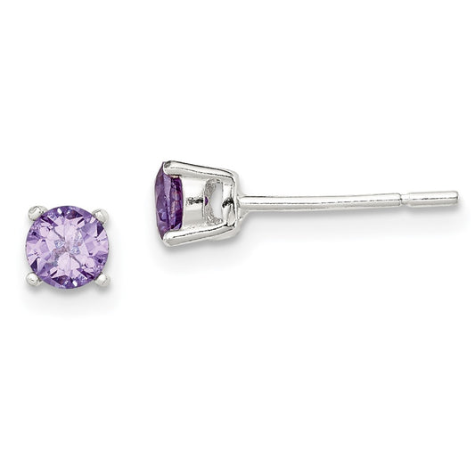 QE12361 Sterling Silver Polished Round 4mm Purple CZ Stud Earrings