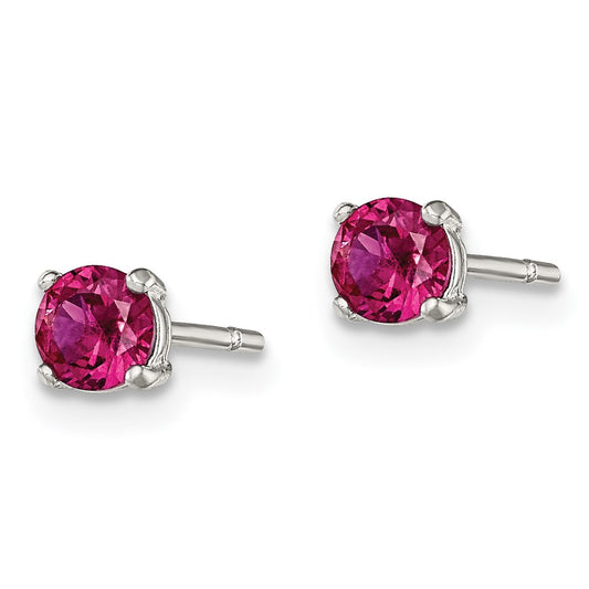 QE12363 Sterling Silver Polished 4mm Round Red Glass Stud Earrings