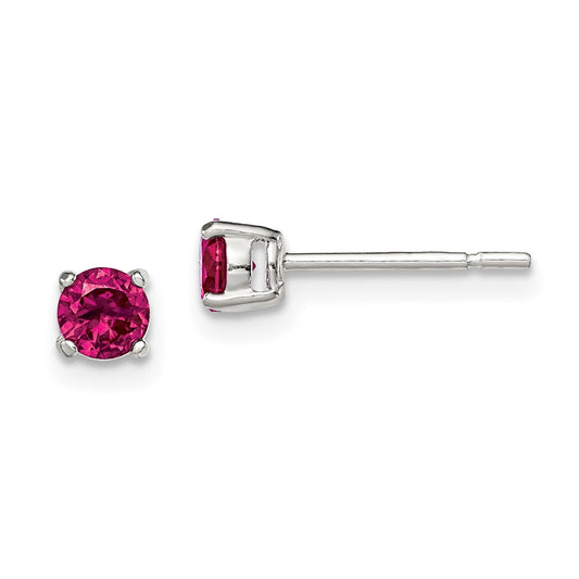 QE12363 Sterling Silver Polished 4mm Round Red Glass Stud Earrings