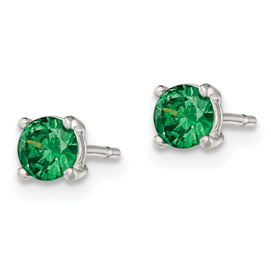 QE12365 Sterling Silver Polished 4mm Round Green Glass Stud Earrings