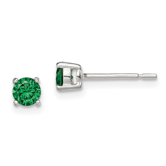 QE12365 Sterling Silver Polished 4mm Round Green Glass Stud Earrings
