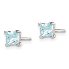 QE12372 Sterling Silver Polished 4mm Square Light Blue CZ Stud Earrings