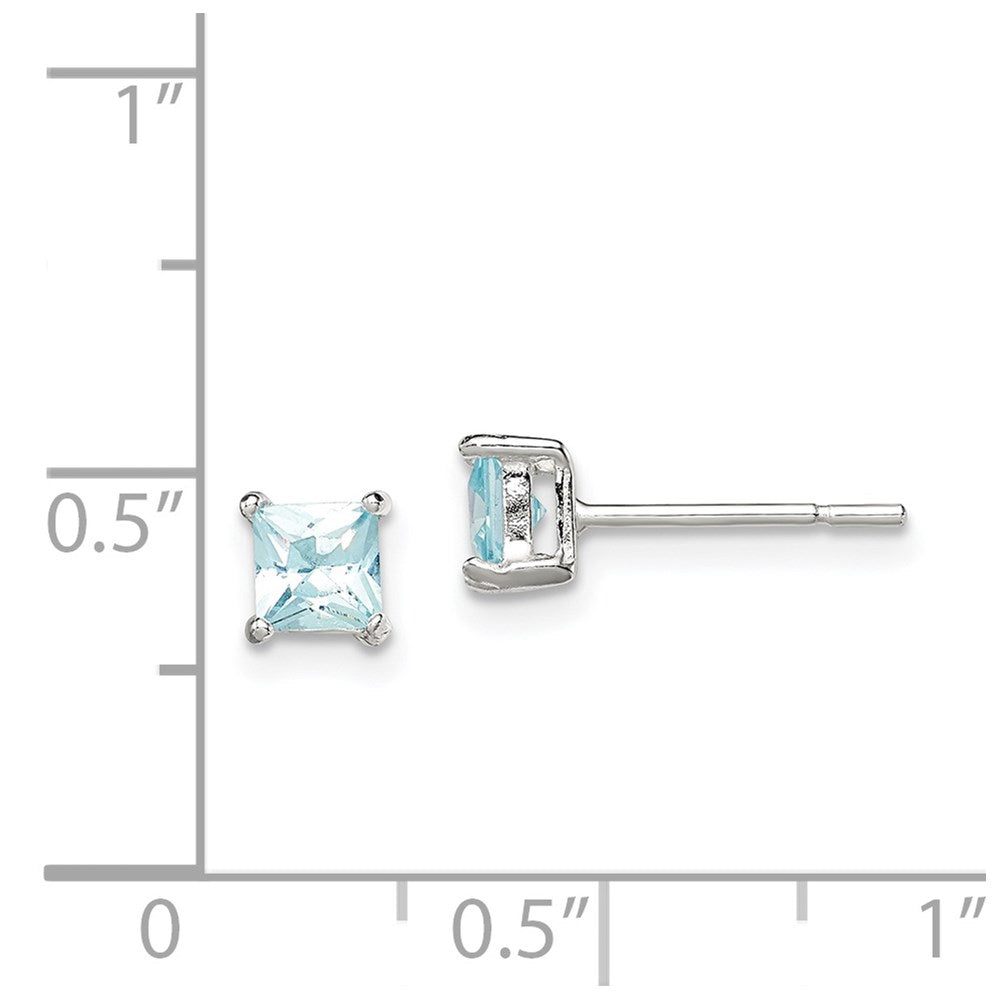 QE12372 Sterling Silver Polished 4mm Square Light Blue CZ Stud Earrings