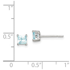 QE12372 Sterling Silver Polished 4mm Square Light Blue CZ Stud Earrings