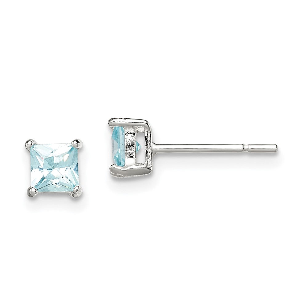 QE12372 Sterling Silver Polished 4mm Square Light Blue CZ Stud Earrings