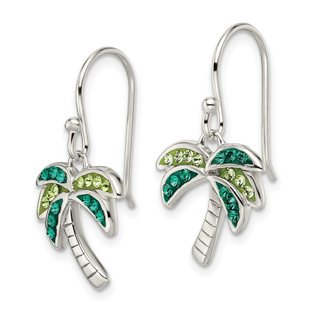 QE12456 Sterling Silver Rhodium-plated Polished Green Crystal Palm Tree Earrings
