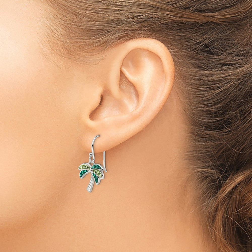 QE12456 Sterling Silver Rhodium-plated Polished Green Crystal Palm Tree Earrings