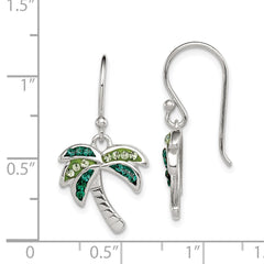 QE12456 Sterling Silver Rhodium-plated Polished Green Crystal Palm Tree Earrings