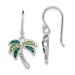 QE12456 Sterling Silver Rhodium-plated Polished Green Crystal Palm Tree Earrings