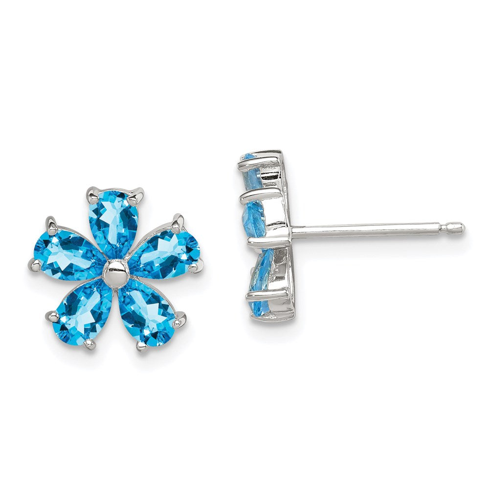 QE1248 Sterling Silver Rhodium Plated Blue Topaz Flower Earrings