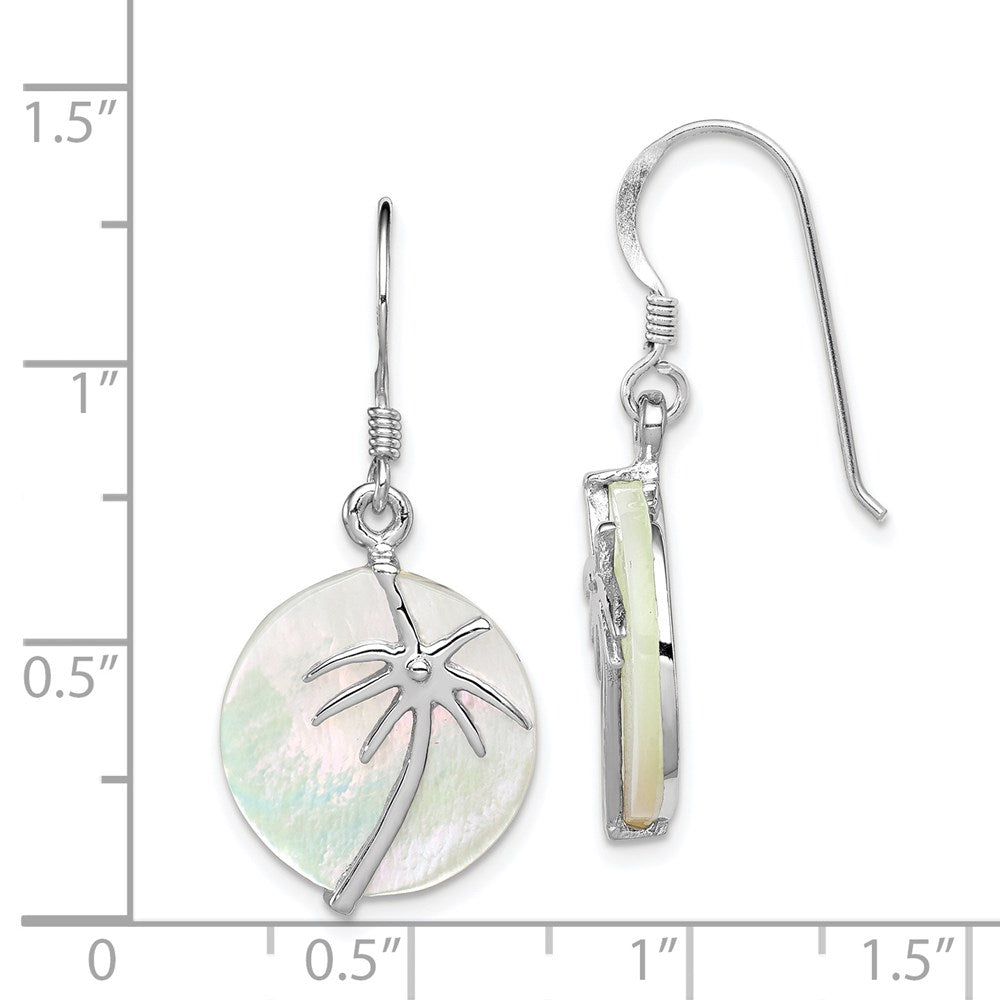 QE12487 Sterling Silver Rhodium-plated Polished Round Mother of Pearl Palm Tree Earrings